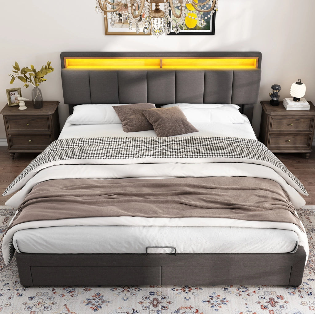 Letto imbottito matrimoniale 160x200 cm con LED; rete a doghe; contenitore; grigio scuro in lino e acciaio