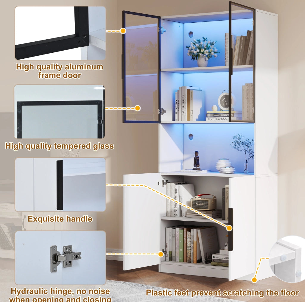 Vetrina moderna con ante in vetro e LED; 80 x 30 x 200 cm; bianco