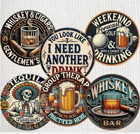 Set di piedini vintage, 6 pezzi, design whisky e birra, rotondo, legno