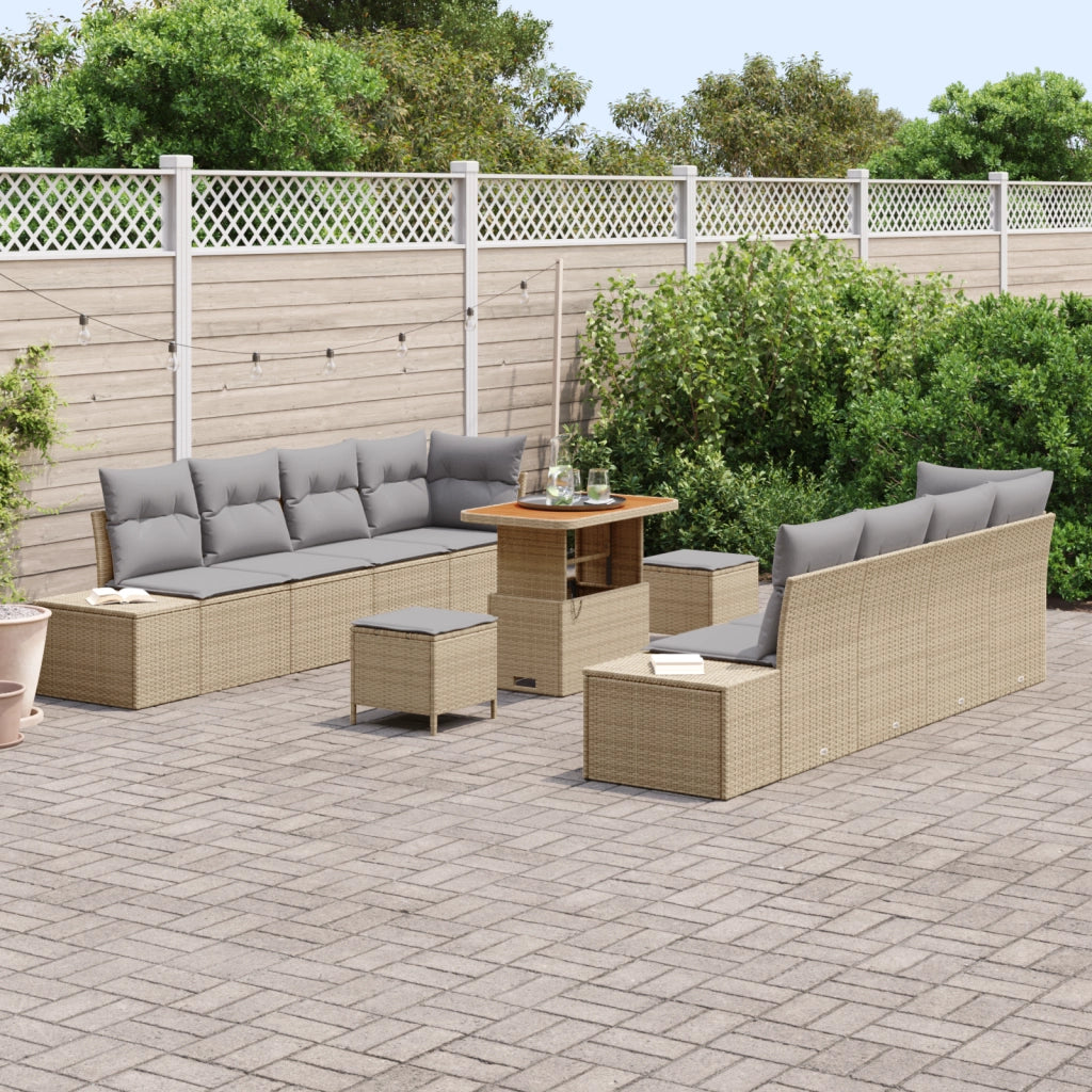Set di Divano da Giardino in 11 Pezzi con Cuscini Beige Polirattan Acacia