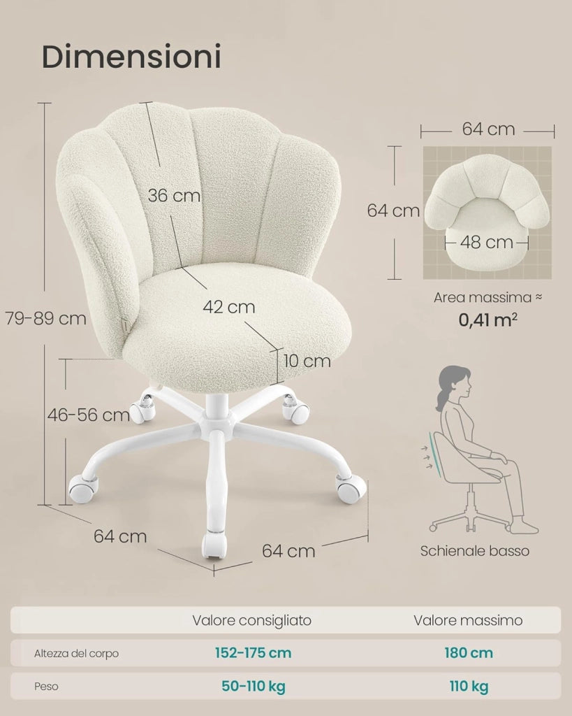 SONGMICS Sedia da Ufficio Girevole a 360°, Sedia da Trucco Imbottita, Tessuto Peluche, Regge 110 kg, Schienale a Petali, Altezza Regolabile, Soggiorno Camera da Letto, Bianco Crema OBG030WD01