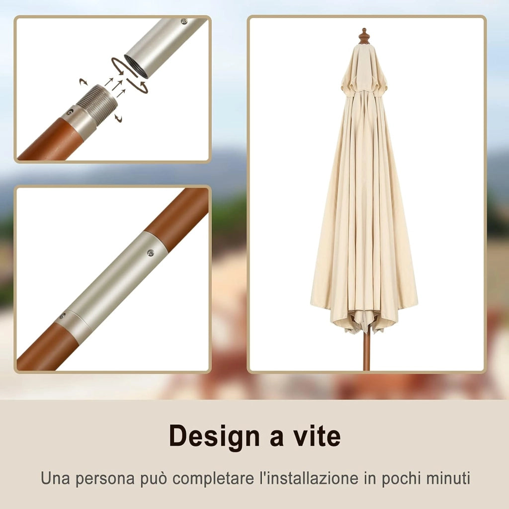 Ombrellone da Giardino 270 cm/300 cm, con Inclinazione Regolabile, 8 Stecche, Struttura di Legno a Carrucola, per Giardino Cortile Piscina (3 m)