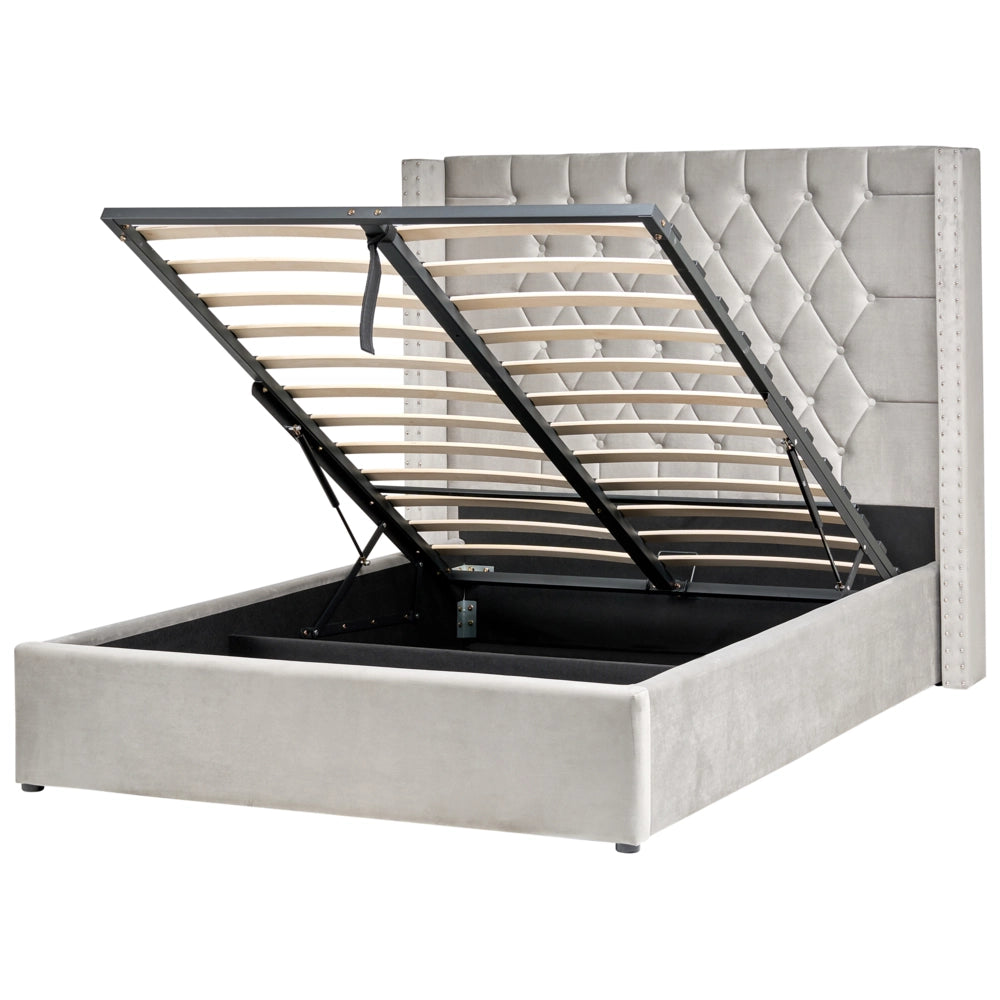 Letto contenitore velluto grigio chiaro e argento 140 x 200 cm glamour elegante