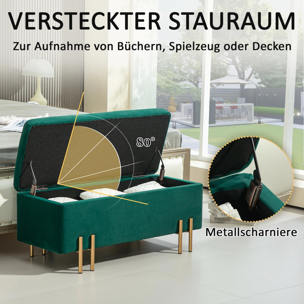 Panca contenitore in poliestere con ampia capienza e piedi in metallo galvanizzato verde per casa 100 × 40 × 42 cm