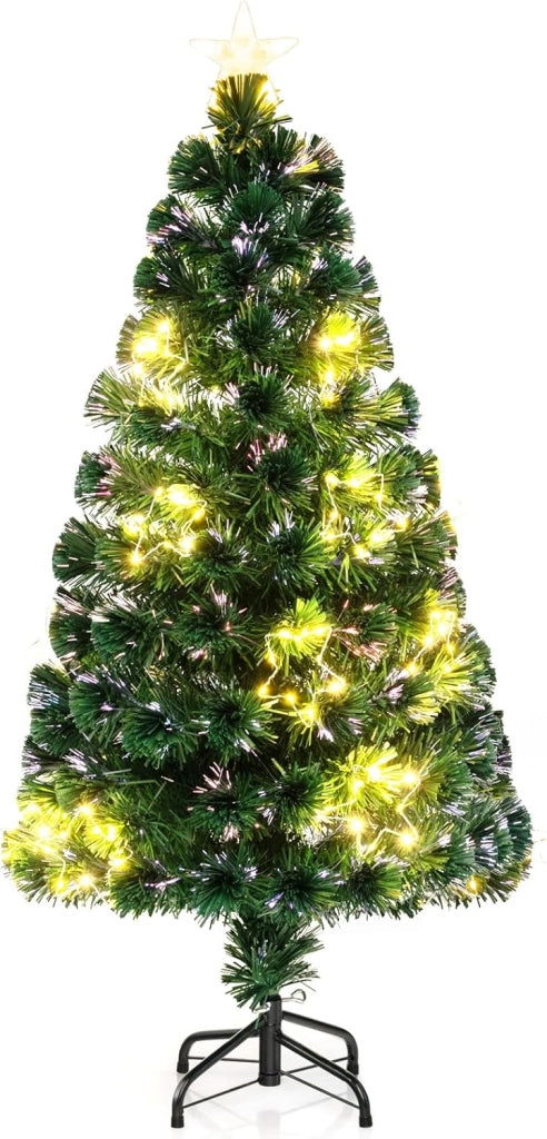 Albero di Natale in Fibra Ottica 120 cm, Albero di Natale Artificiale Pre-illuminato con 18 Luci a Stringa, Stella sulla Cima e 130 Punte dei Rami (120 CM)