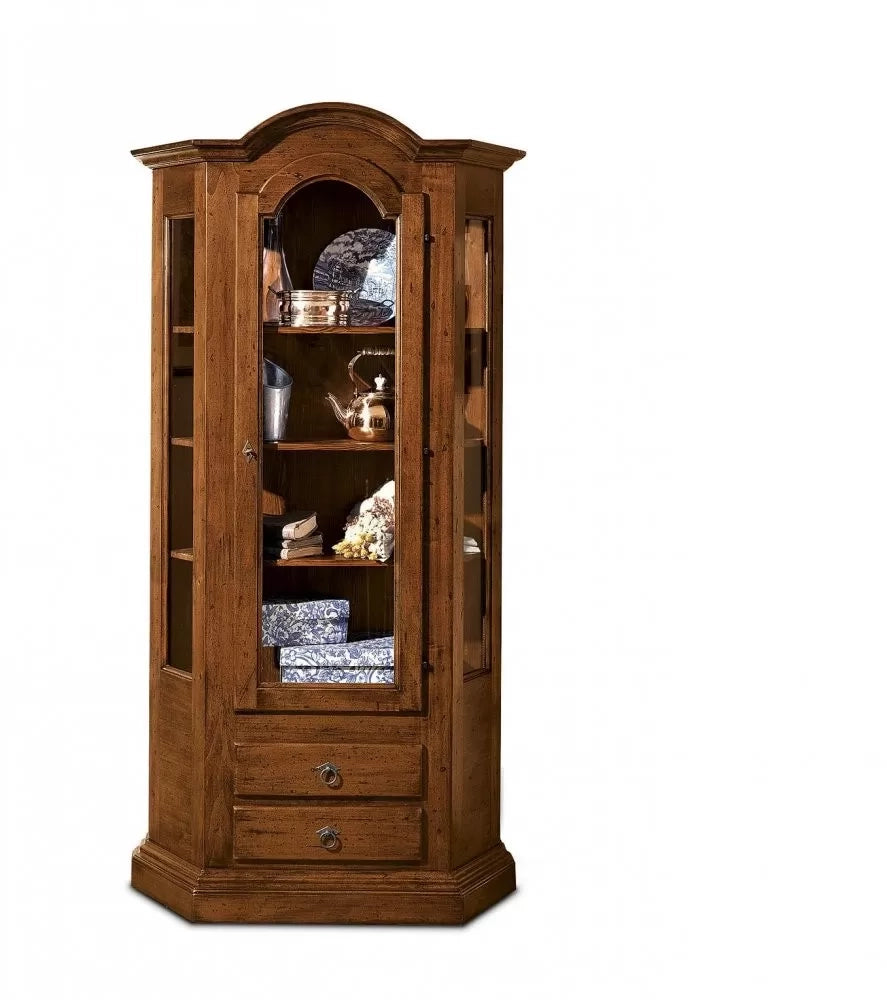 Vetrina 1 porta 2 cassetti in legno tinta noce l.95 x p.36 h.185 - Mobili 2G