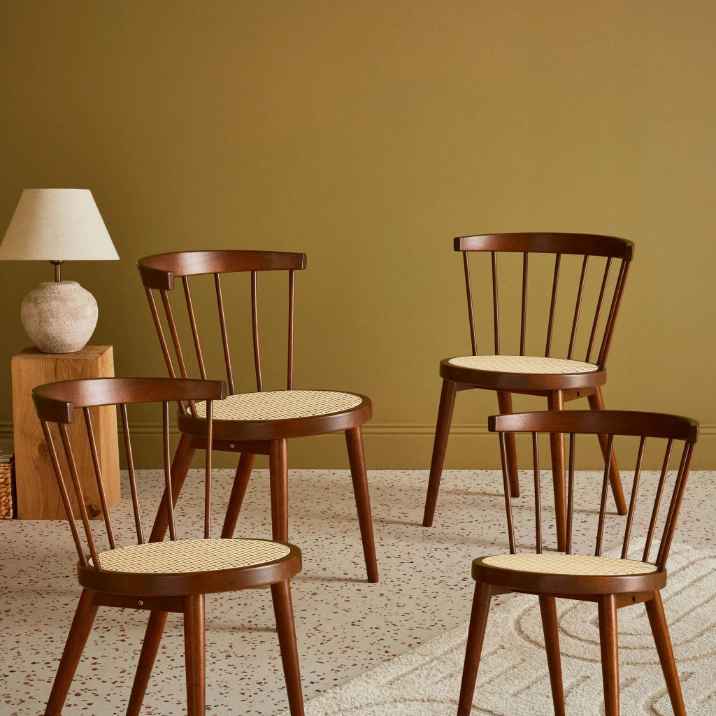 Set di 4 sedie in legno e paglia, marrone scuro