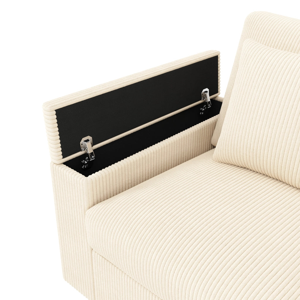 Divano 4 posti in velluto a coste con USB e USB-C bracciolo pieghevole vano contenitore beige 299 × 80 × 82,7 cm