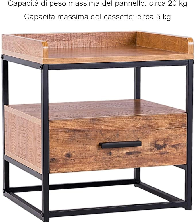 Comodino a 2 Piani con Cassetto più Grande e Ripiano Rustico, Struttura in Ferro, 49x45x40cm