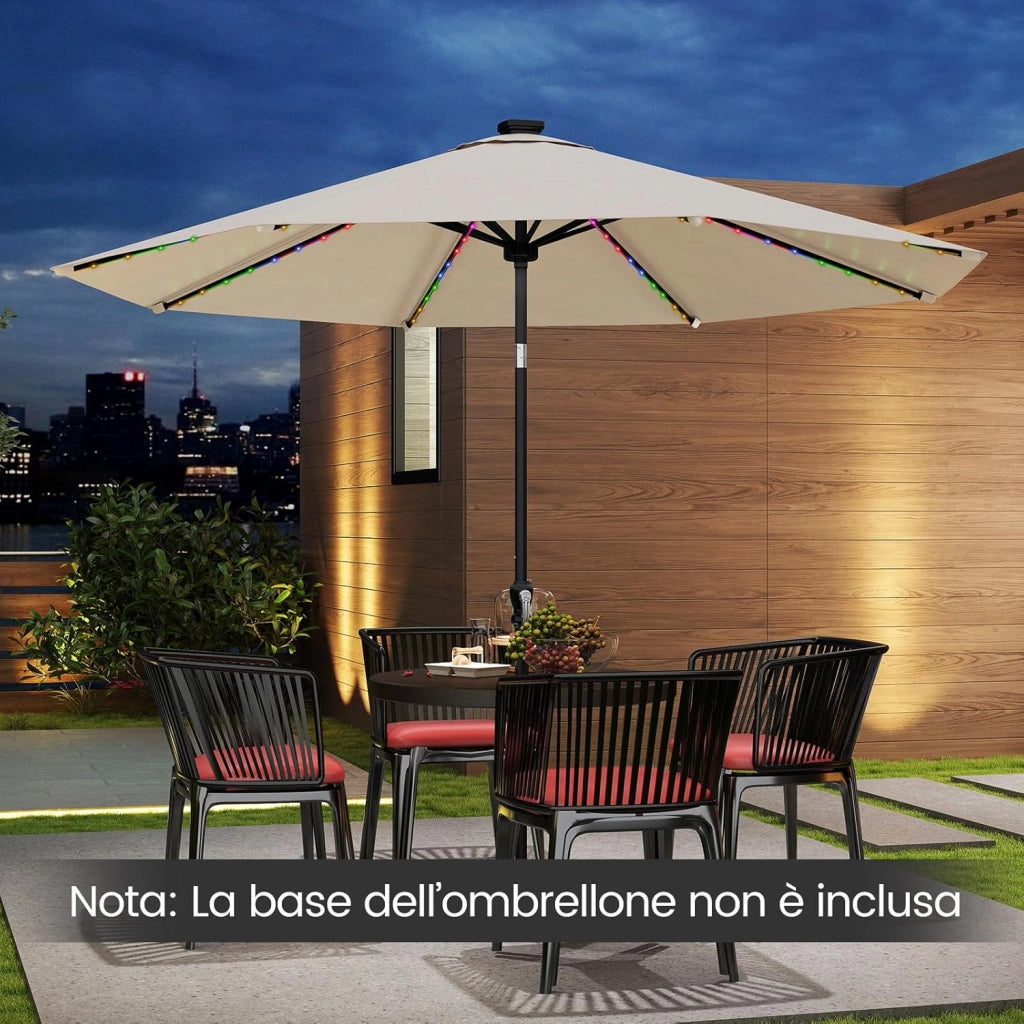 Ombrellone da Esterno 288 cm, con 96 Luci LED, Ombrellone Giardino con Inclinazione Regolabile, Manovella, 8 Stecche e Top Ventilato, Parasole da Mercato per Giardino Spiaggia (Beige)