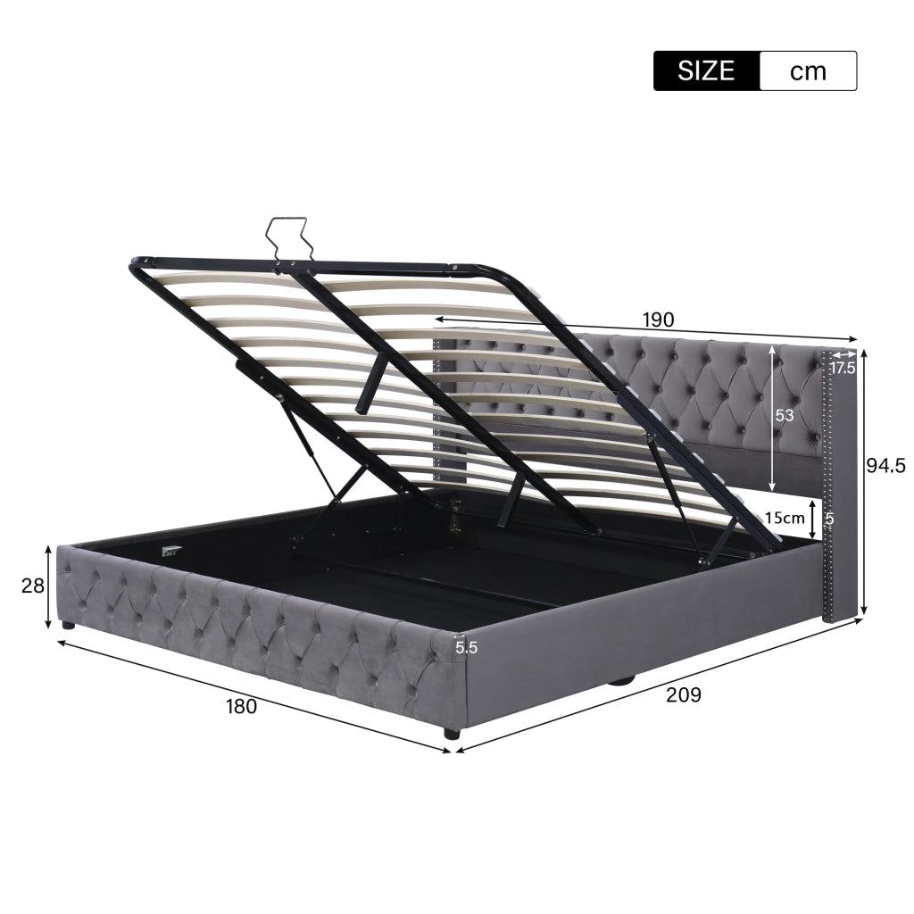 Letto Contenitore 180 x 200 cm; Letto Matrimoniale - Idraulico - in Velluto - Grigio