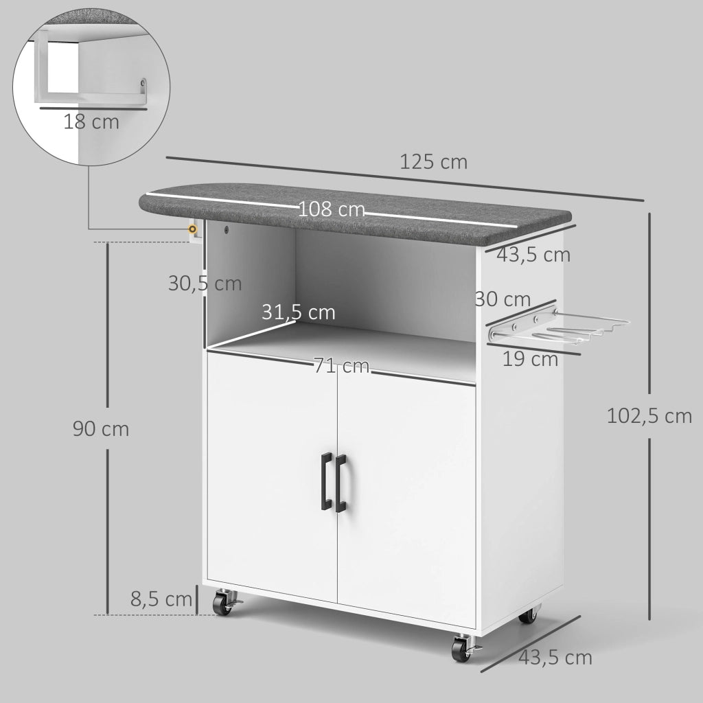 Mueble da Stiro con Ruote e Appendino ¨C Zephmum ¨C Bianco 125x43,5x102,5 cm