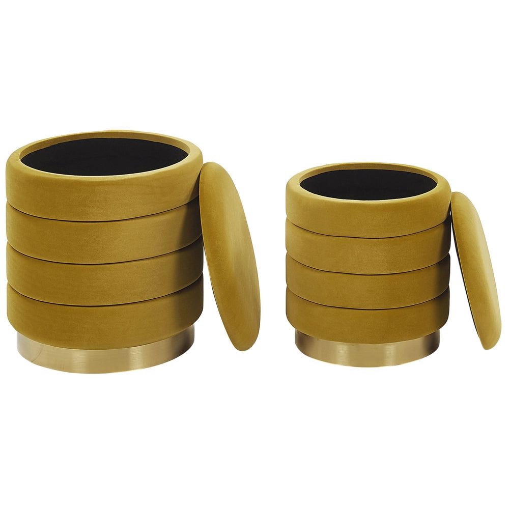 Set di 2 pouf contenitori con rivestimento in velluto di poliestere giallo rivestimento in acciaio inossidabile dorato design moderno