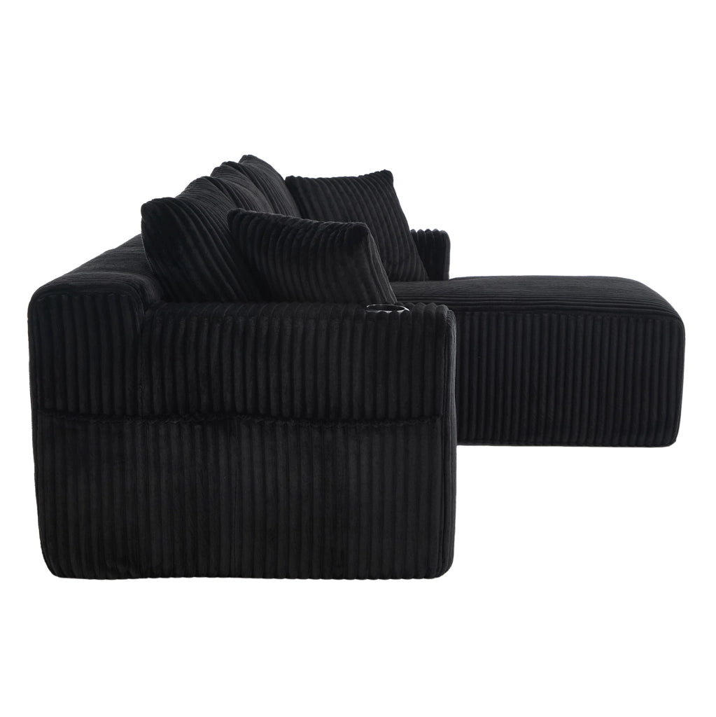 Divano modulare nero in velluto a coste con chaise longue