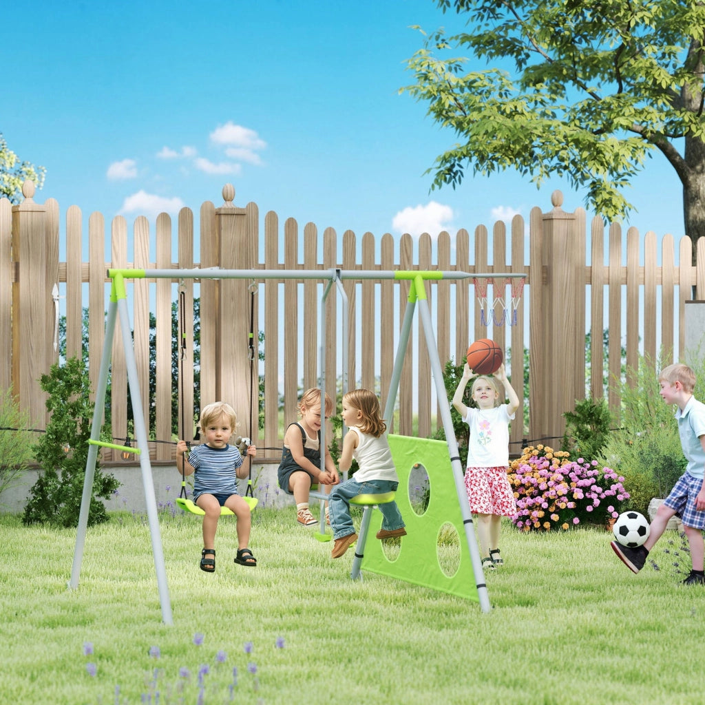 Gioco per Bambini 4 in 1 215x180x182 cm con 2 Altalene Canestro e Porta da Calcio Verde e Grigio