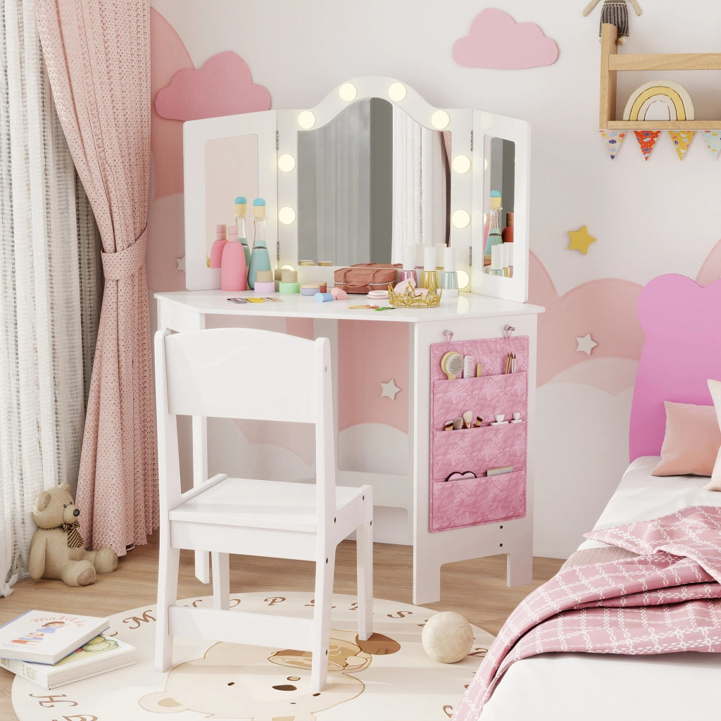 Tavolo trucco bambini con specchio e luci LED ¨C zephmum ¨C bianco 93.6x48.5x111.5 cm
