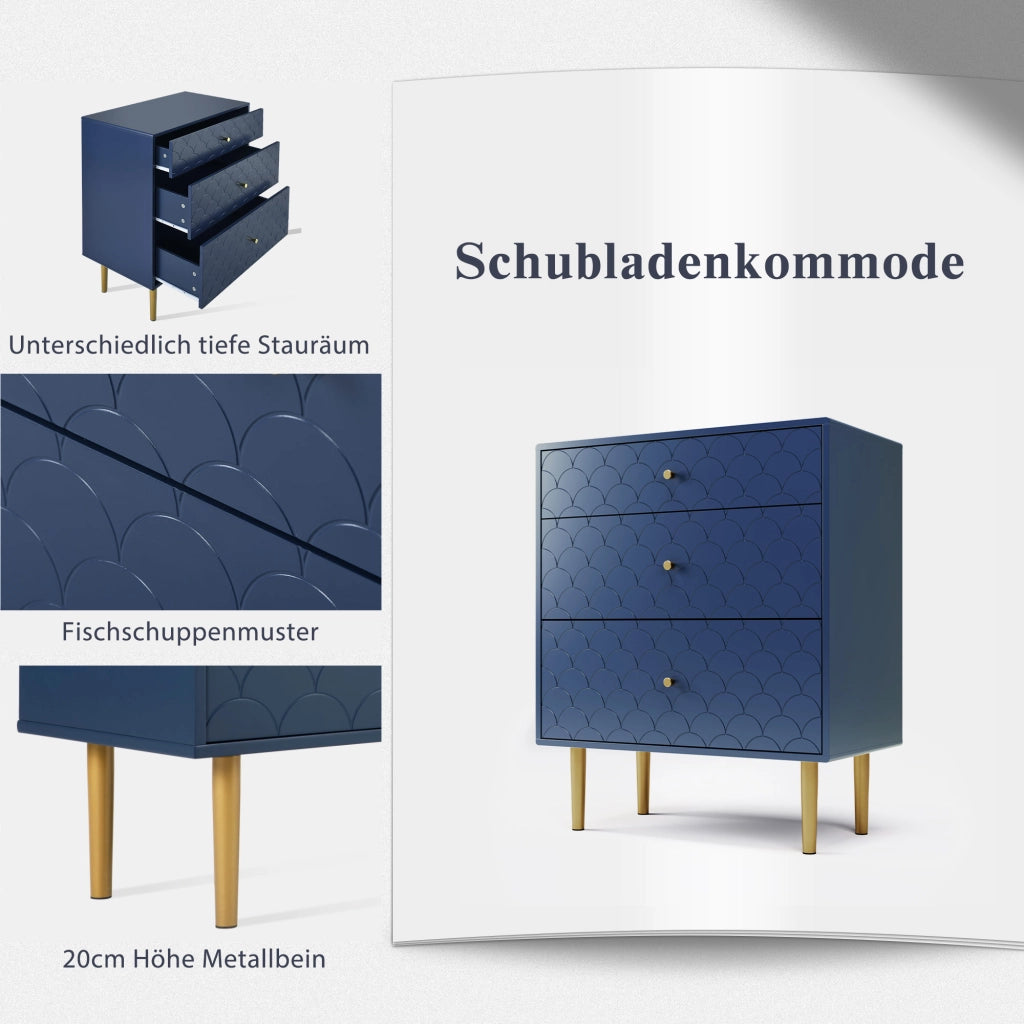 OKWISH Comò con 3 Cassetti, Frontale con Motivo a Scaglie e Gambe in Metallo, Legno e Metallo, Blu Navy, 75 x 40 x 89 cm