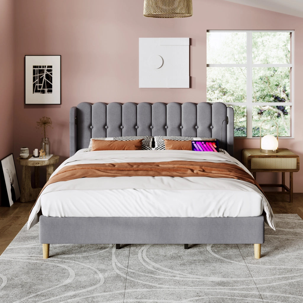 LETTO imbottito 180x200 cm in lino grigio con USB e tipo C
