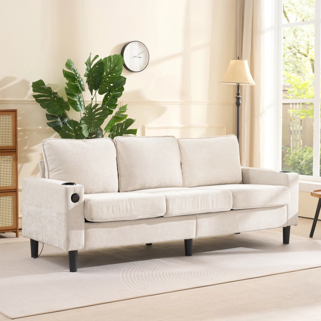 Divano 3 Posti Beige a Forma di L in Lino con Pouf e Porte USB