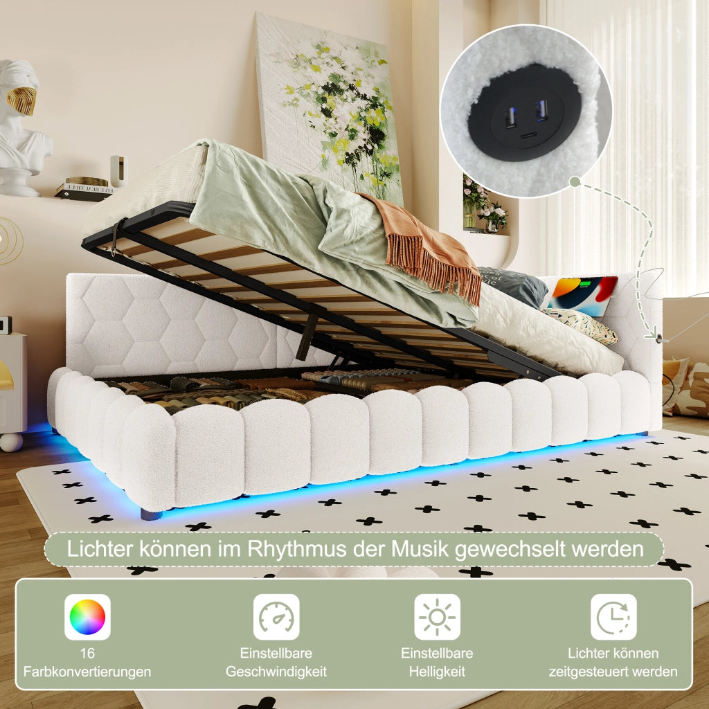 DESMIU Letto Divano 140 × 200 cm 2 posti con contenitore, LED, USB e Type-C, senza materasso, in velluto, bianco