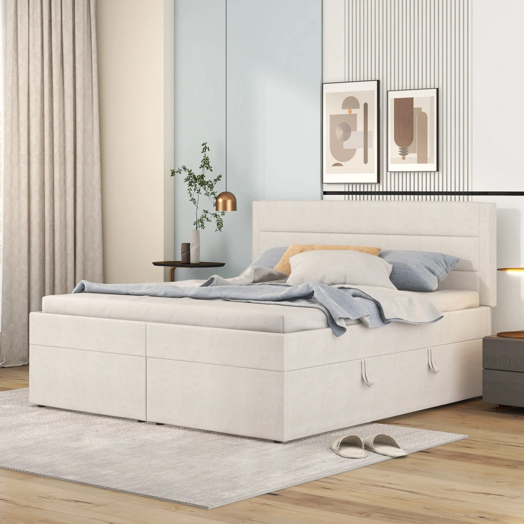LETTO Matrimoniale 140x200 cm Beige con contenitore e rete sollevabile