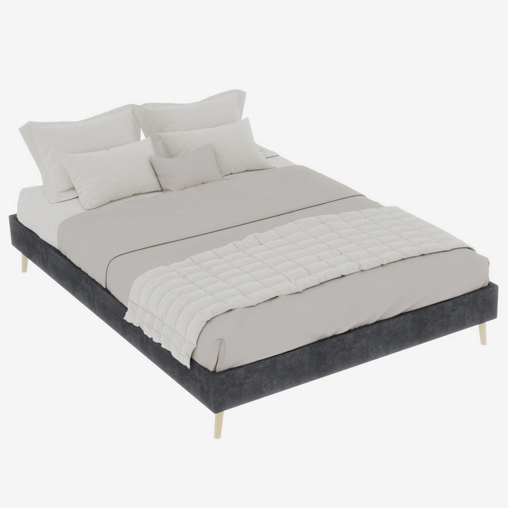 Letto matrimoniale 140 × 200 cm in velluto grigio, struttura bassa in tessuto e metallo, senza materasso