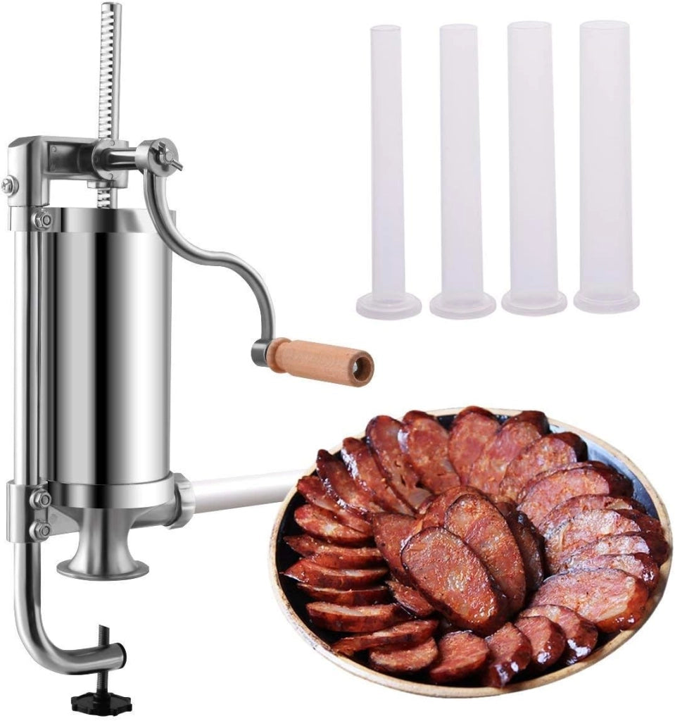 Avvolgitrice verticale manuale per salsicce in acciaio inox, 4 imbuti di diverso diametro, morsetto da tavolo, capiente cilindro da 1,5 l, per uso domestico e commerciale