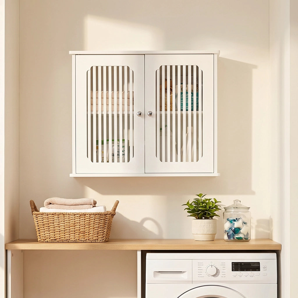 Pensile bagno bianco con ante a lamelle, armadietto sospeso in MDF e truciolare 69,3x43,8x11 cm