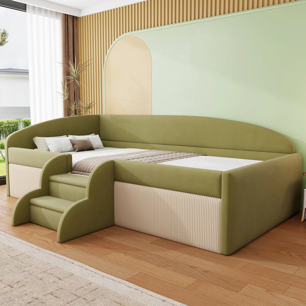 Letto per bambini 90 × 190 cm con sponde di sicurezza e gradini antiscivolo, senza materasso, in velluto, verde