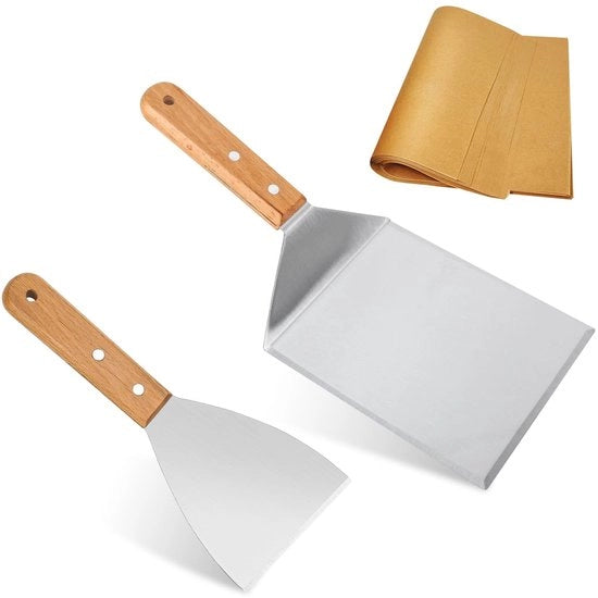 Set di Spiedini per Griglia 2 Pezzi - Manico in Legno - Acciaio Inossidabile - Attrezzatura per BBQ - Inclusa Carta per Hamburger - Duraturo e Resistente al Calore - Spiedini per Pannini