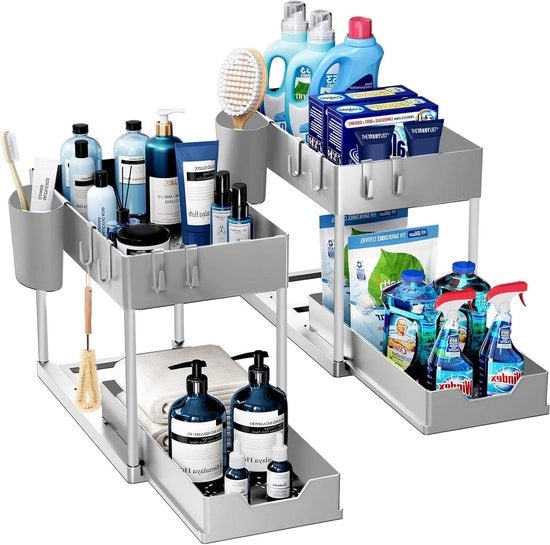 Organizzatore di Cucina a 2 Livelli - Raccoglitore Multi-funzione per Cucina e Bagno - Grigio