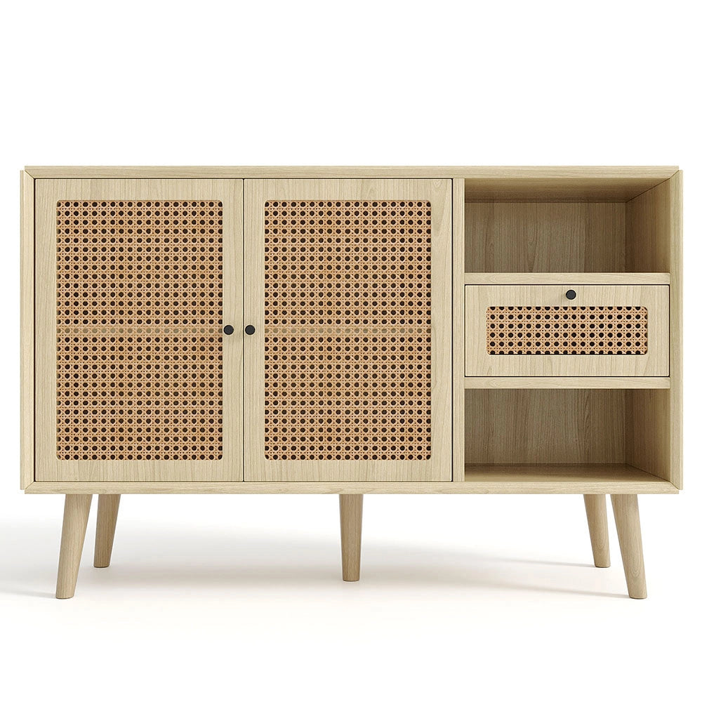 Buffet commode con 1 cassetto e 2 ante magnetiche cannage in rattan sulle ante, ripiani regolabili - Xylo