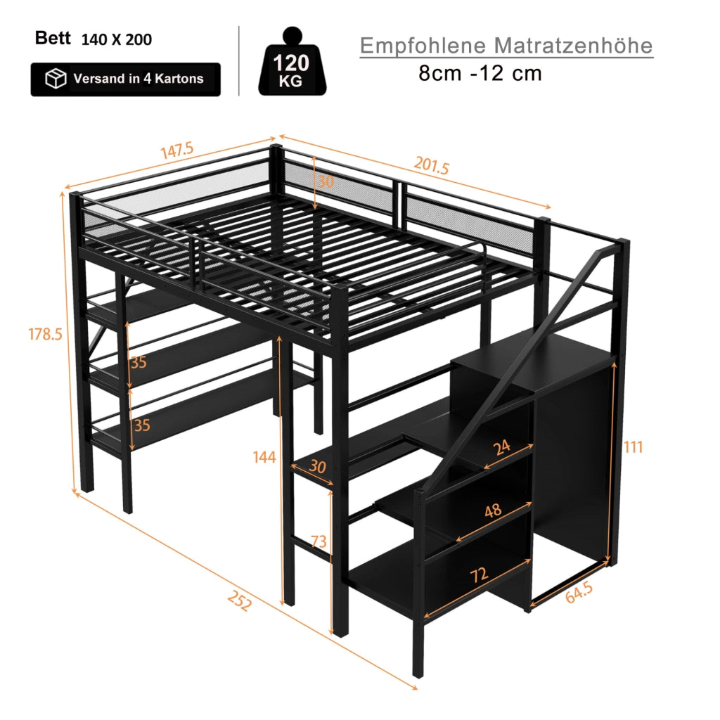 Letto a soppalco modulare 140x200 cm in metallo nero con scrivania; ripiani e armadio