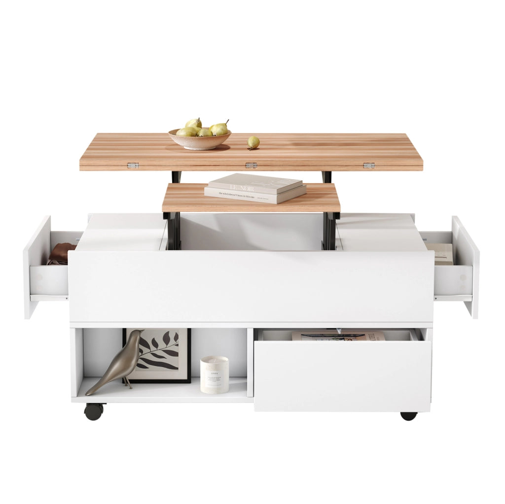Tavolino da caffè sollevabile 100x50x52 cm con 4 ruote; 4 cassetti e piano estensibile bianco e legno