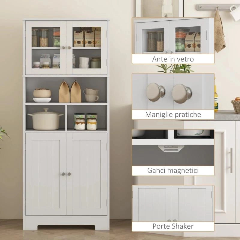 CREDENZA CUCINA CON 2 ARMADIETTI E 3 VANI APERTI, ANTE A VETRO E RIPIANI REGOLABILI, 60X30X145.5 CM, BIANCO