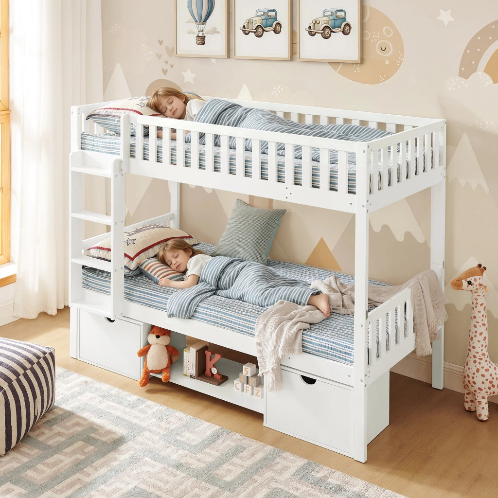 Letto bambini in legno di pino 90x200; scomponibile in 2 letti; sponde; cassetti; scala; bianco
