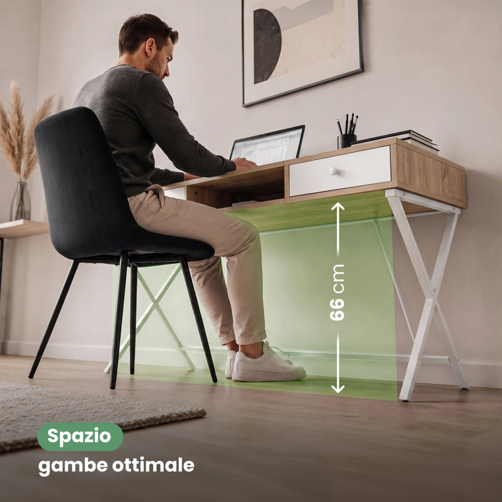 Scrivania PC industriale Rovere Sonoma CROSSLINE 120 cm 2 cassetti 1 ripiano gambe bianche