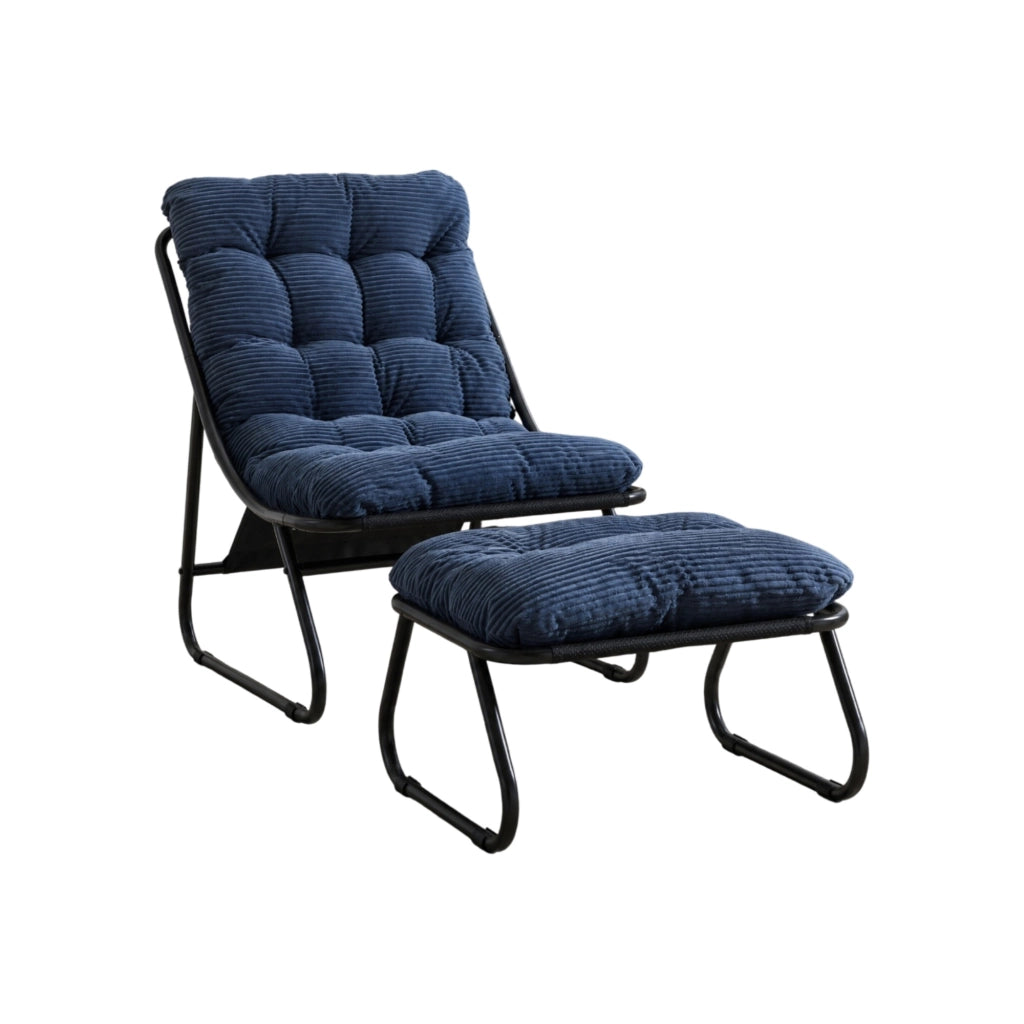 Poltrona da giardino con pouf in acciaio blu navy con cuscino imbottito e seduta a fionda per interno ed esterno