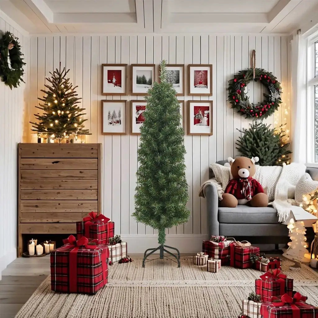 Albero di Natale | Decorazioni natalizie Artificiale Sottile con Base Verde 180 cm PVC