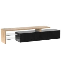 Mobile TV Moderno di Design, Ampio Spazio per Riporre, Nero Lucido, Effetto Legno, Ripiani in Vetro, Illuminazione a LED, Naturale+Nero