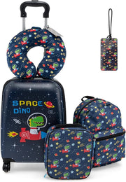 Set di 5 Pezzi Valigia 16’’ + Zaino 13’’ per Bambini, Bagagli 5-in-1 con Cuscino per Collo, Borsetta da Pranzo e Etichetta, Trolley con Maniglia Telescopica e Ruote Universali (Nero Dino-Space)