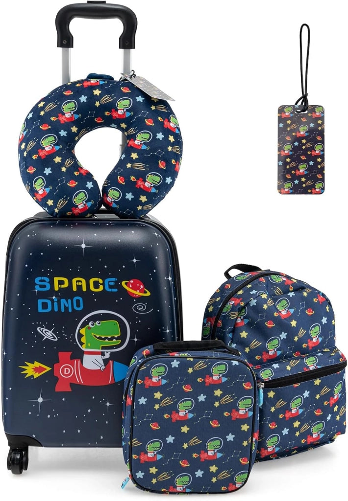Set di 5 Pezzi Valigia 16’’ + Zaino 13’’ per Bambini, Bagagli 5-in-1 con Cuscino per Collo, Borsetta da Pranzo e Etichetta, Trolley con Maniglia Telescopica e Ruote Universali (Nero Dino-Space)