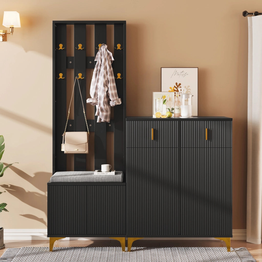 Set Ingresso con Scarpiera, Panca con Cuscino e Appendiabiti ¨C MINIMAL ¨C con Cassetti e Ante