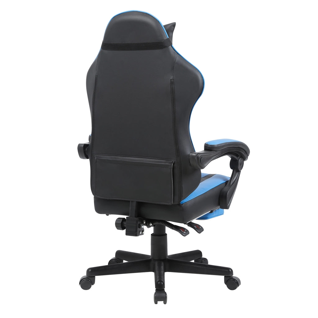 Chaise da ufficio gaming con tasca portaoggetti sul retro e cilindro pneumatico, in PVC nero e blu