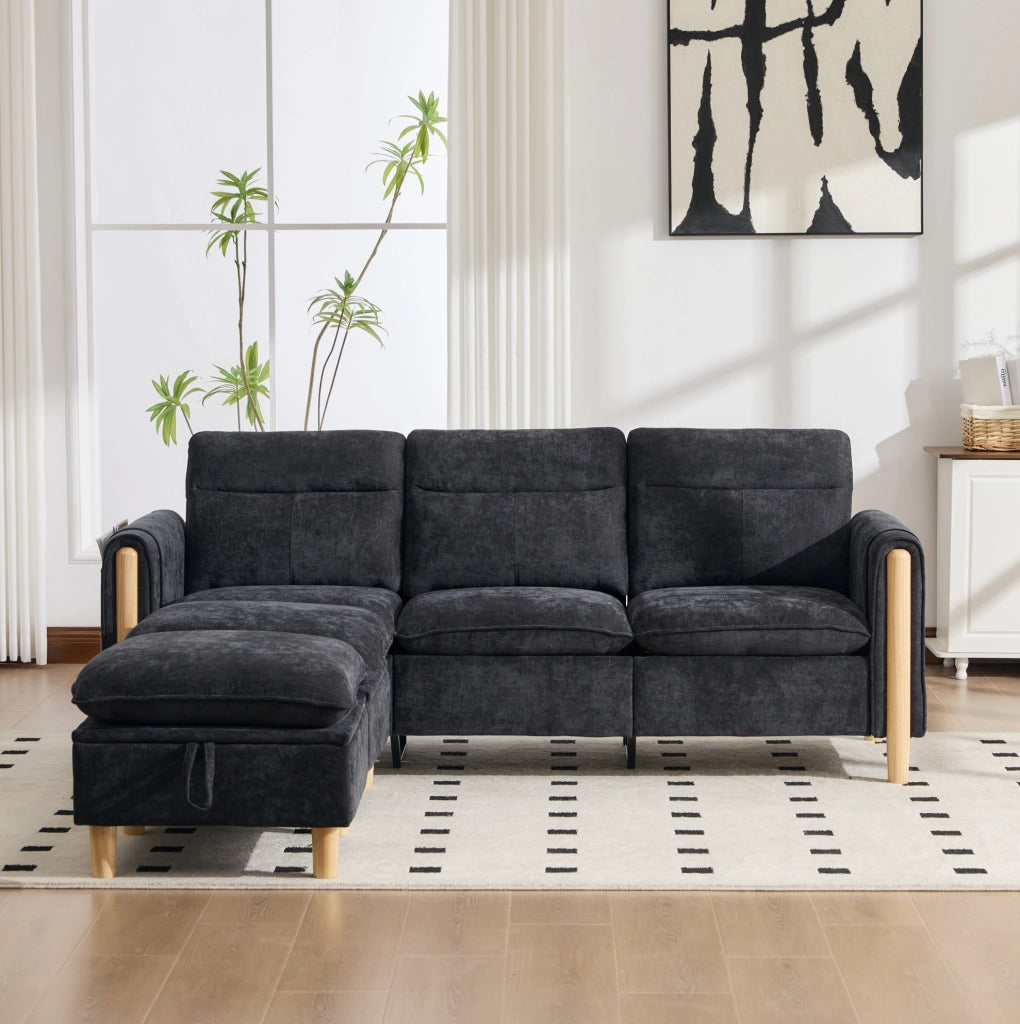 Divano 3 posti 201x77x86 cm nero con pouf contenitore, ciniglia,
