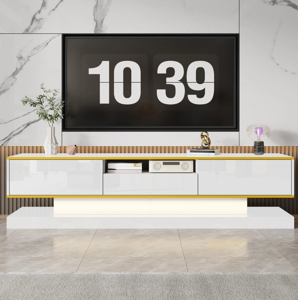 Mobile TV bianco lucido con LED RGB, 3 cassetti, 180 cm
