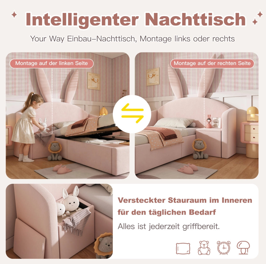 Letto singolo 90x190 cm imbottito rosa con contenitore; comodino integrato e testiera con orecchie