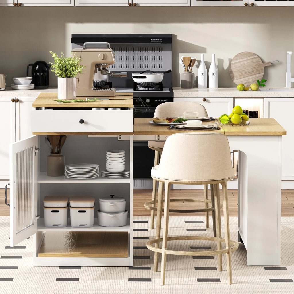 Tavolo da pranzo - isola cucina su ruote - piano estraibile - bar con prese - bianco - per cucina e sala