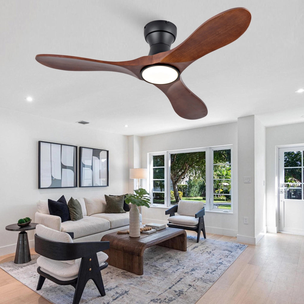 Ventilatore da soffitto 42 pollici con luce LED e telecomando; 3 pale in legno; nero e noce scuro