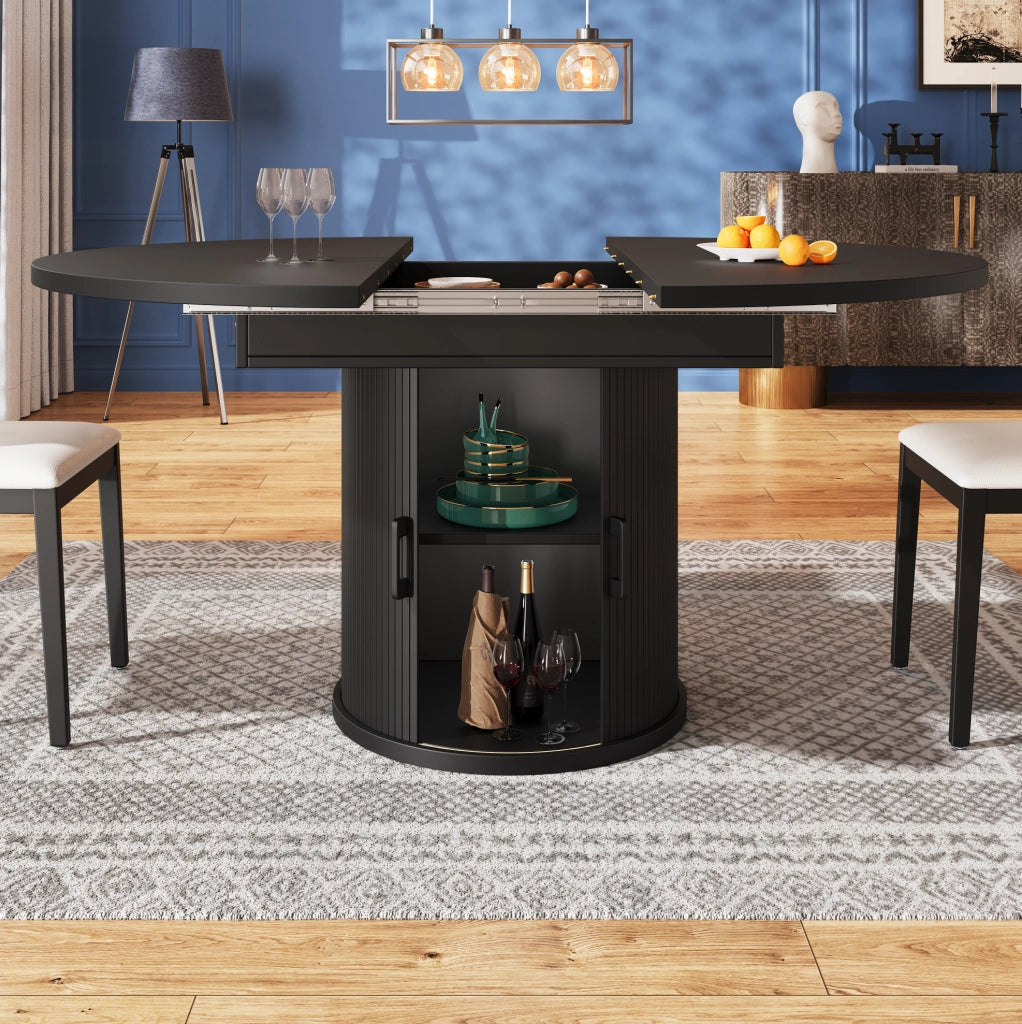 Tavolo da pranzo allungabile nero con contenitore, 118-158 cm